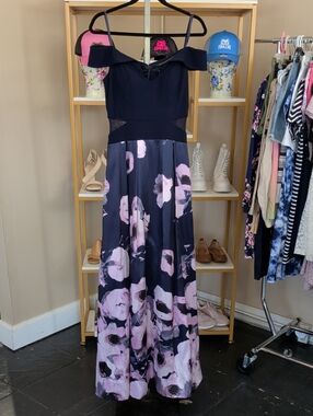 Xscape Navy Maxi Dress with Light Pink Floral Skirt